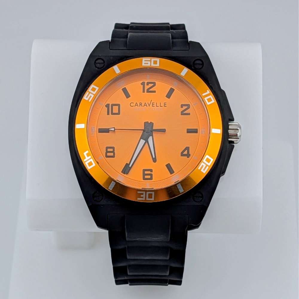 Caravelle New York 45A112 Orange Sunburst Dial Black Silicone Men's Watch 45mm